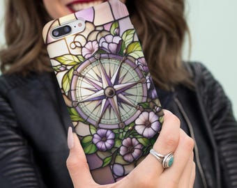 Coque de portable rose des vents, fond floral, vitrail imitation, coque de portable robuste et artistique, cadeaux uniques pour elle, protection élégante,