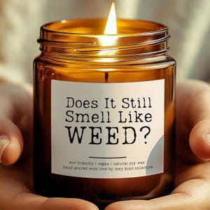 May include: A lit, amber-colored glass jar candle with the text "Does It Still Smell Like WEED?" on a white label. The candle is eco-friendly, vegan, and made with natural soy wax. The candle is hand-poured with love by cozy kind collective.