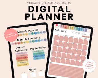 Puede incluir: Un planificador digital con un esquema de color rosa y melocotón. El planificador incluye vistas mensuales, semanales y diarias, así como secciones para la productividad, notas y resúmenes anuales. El texto "PLANARCHY" está en la parte superior de la imagen, y el texto "VIBRANT & BOLD AESTHETIC" está debajo. El texto "DIGITAL PLANNER" está en un tamaño de fuente más grande y está centrado debajo del texto anterior. El texto "¡Descarga instantánea!" está en un círculo con un fondo rosa y texto blanco. El texto "calendario perenne - sin fecha - organizador interactivo - más de 500 páginas" está en la parte inferior de la imagen.