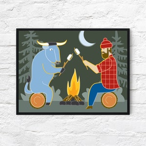 Paul Bunyan and Babe the Blue Ox Roasting Marshmallows, Campfire, 18x 24" poster