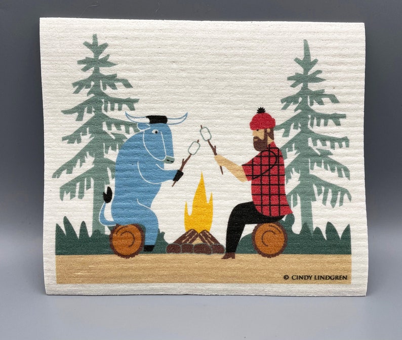 Paul Bunyan and Babe, Campfire, Swedish Dishcloth image 1