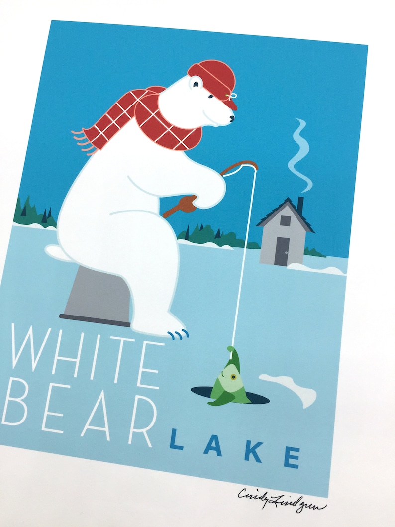Polar Bear White Bear Lake Ice Fishingart Print Etsy