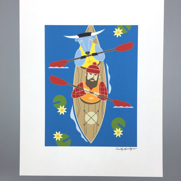 Paul Bunyan and Babe Blue Ox, Kayaking Art print