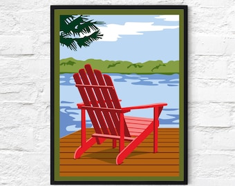 Adirondack Chair by Lake, 18x 24" poster