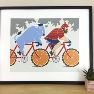 Paul Bunyan and Babe the Blue Ox Riding Bikes, 16x20" poster