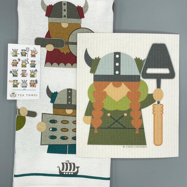 Kitchen Vikings, tea towel and Swedish dishcloth set