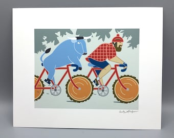 Paul Bunyan and Babe Blue Ox on Bikes Art print