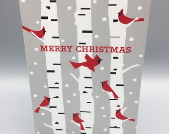 Winter Cardinals, Birch, Holiday card