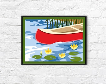 Red Canoe by Lake, 24x18" poster