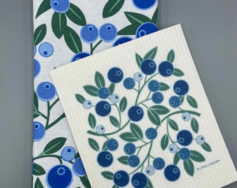Blueberries, tea towel and Swedish dishcloth set