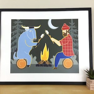 Paul Bunyan and Babe the Blue Ox Campfire, 16x20" poster