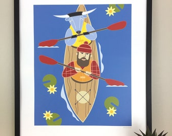 Paul Bunyan and Babe the Blue Ox Fishing, 16x20" poster