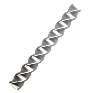 May include: A silver-colored, twisted metal rod with a spiral design. The rod has a textured surface and is set against a white background. The spiral design is consistent along the length of the rod.