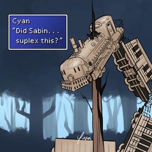 May include: Digital illustration of a train seemingly impaled by a tree, with train cars at various angles. The text "Cyan 'Did Sabin... suplex this?'" is in a blue box. Three figures and a dog are at the bottom.