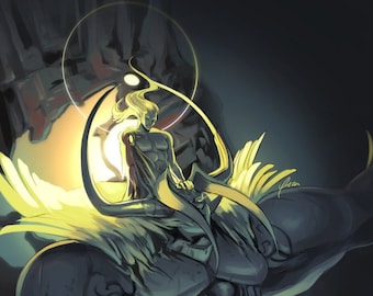 May include: A digital painting of a person with long blonde hair sitting on a large, dark, mechanical creature. The person is surrounded by a bright yellow halo.