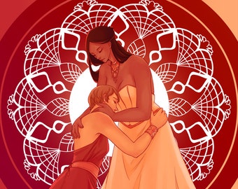 Puede incluir: Dos mujeres con atuendos formales se abrazan, una con un vestido blanco y la otra con un vestido rojo. Están de pie frente a un diseño de mandala rojo y blanco.