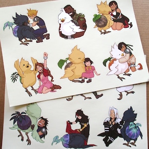May include: A set of nine stickers featuring characters from the Final Fantasy VII video game. The stickers depict various characters interacting with the iconic Chocobo creatures. The characters are depicted in a cartoon style with vibrant colors.