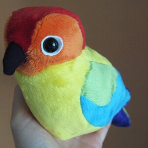 K&ouml;nnte beinhalten: Ein Pl&uuml;schtier in Form eines Vogels mit roten, orangen, gelben, gr&uuml;nen, blauen und violetten Federn. Der Vogel hat einen schwarzen Schnabel und gro&szlig;e schwarze Augen.