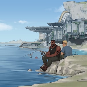 May include: Two people are fishing from a rocky shore. One person is wearing a black tank top and the other is wearing a blue shirt. They are fishing in front of a large, futuristic building.