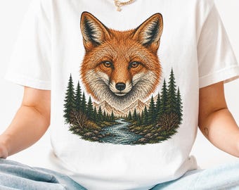 Comfort Colors® Red Fox Forest Mountain Shirt, Cabincore Woodland Animal T-Shirt, Vintage Wildlife Tee, Fox Lover Gift, Hiking Gift for Him