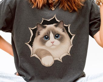 Ragdoll Cat Peeking Through Hole Shirt, Cute 3D Comfort Colors® Kitten T-Shirt, Blue Eyed Fluffy Cat Tee, Ragdoll Mom Gift, Cat Lover Gift