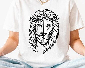 Jesus Lion of Judah Half Face Shirt, Christian Comfort Colors® Faith Tshirt, Minimal Crown of Thorns Tee, Faith Gift, Easter Gift for Him