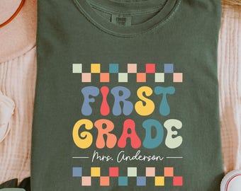 First Grade Teacher Shirt, Retro First Grade Shirt, Comfort Colors®, Checkered 1st Grade Shirt,  1st Grade Team Group Shirts, Teacher Gift