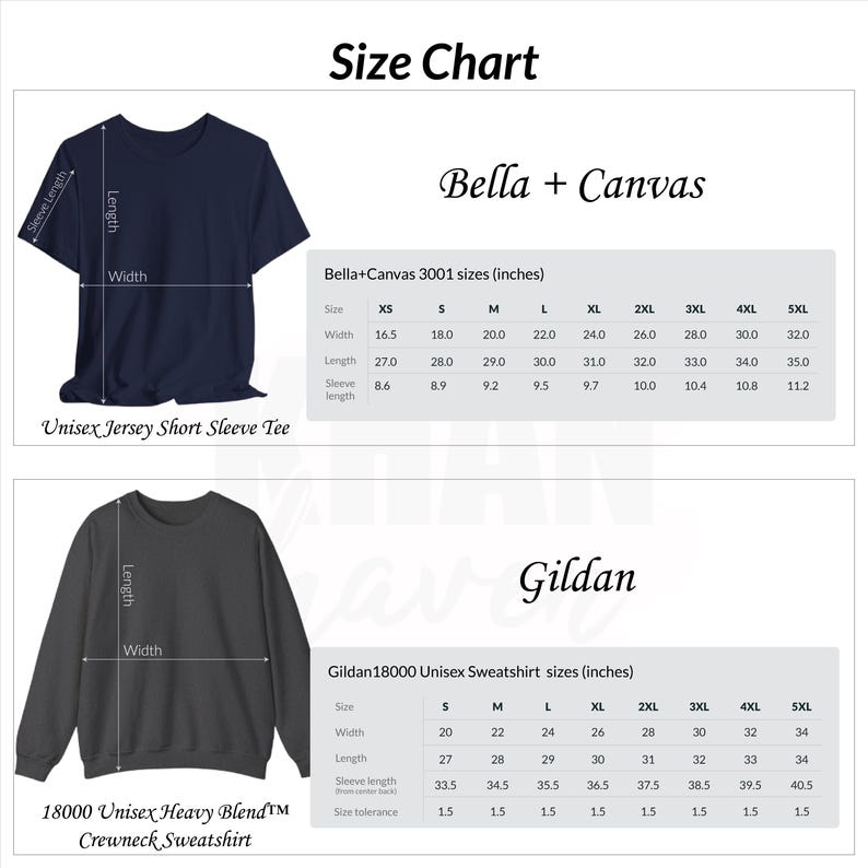 May include: Size chart for Bella + Canvas 3001 unisex short sleeve t-shirts and Gildan 18000 unisex sweatshirts. The chart shows measurements in inches for different sizes, including XS, S, M, L, XL, 2XL, 3XL, 4XL, and 5XL.