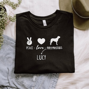 Bullmastiff-Hemd | Peace Love Bullmastiff T-Shirt mit personalisiertem Hundenamen |  Bullmastiff Mom Shirt, Bullmastiff Liebhaber Geschenk