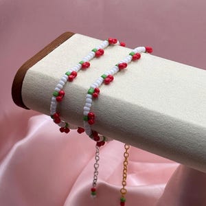 Cute Red Cherry Fruit Seed Bead Adjustable Bracelet Gold or Silver Hardware