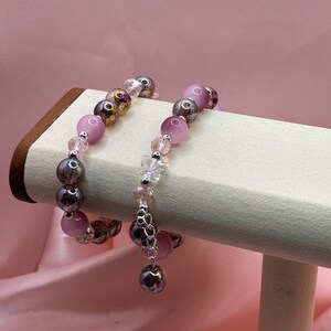Pink Glass Bead Bracelet Set: Butterfly Crystal Charm