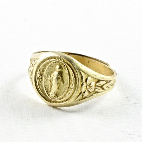 2 signet RING with Virgin Mary in raw brass, adjustable. Gold. Religious. Our Lady of Guadalupe. Made in the US (ST403).