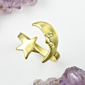 2 Star and Moon RINGS in raw brass  Adjustable. Made in the US (S301).