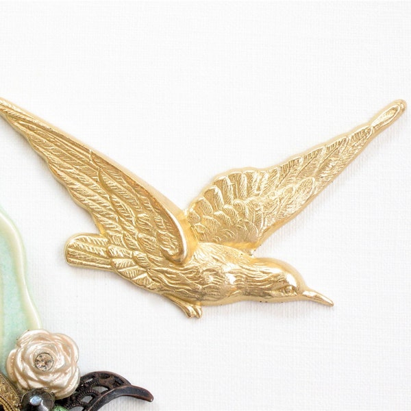 1 Large brass HUMMINGBIRD bird jewelry embellishment. Raw brass stamping made in the US.  62mm x 34mm (FF36).