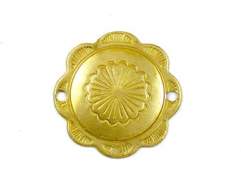 6 gold Southwestern Concho flower brass jewelry charm connector. Raw brass stamping made in US. 28mm (T19).