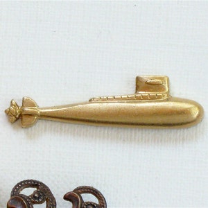 2 gold brass SUBMARINE jewelry embellishment. Thick piece. Raw brass stamping made in US. 24mm x 6mm ST10a. image 1