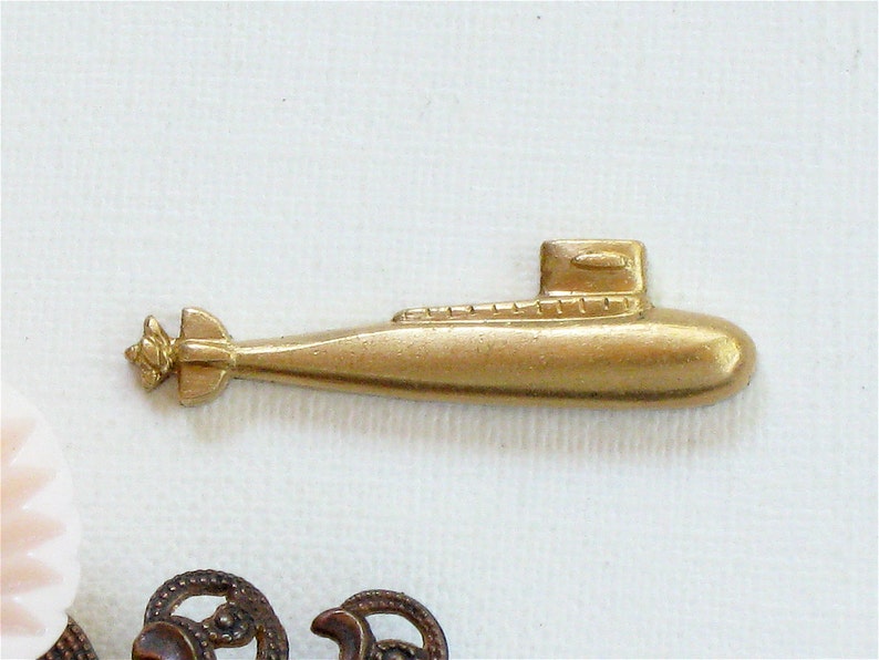 2 gold brass SUBMARINE jewelry embellishment. Thick piece. Raw brass stamping made in US. 24mm x 6mm ST10a. image 1