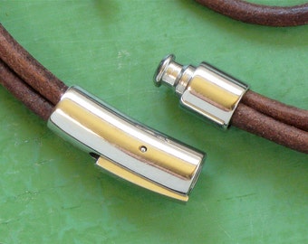 2 silver Stainless Steel end cap clasp for leather jewelry. Bayonet clasp. 6mm inside diameter