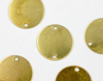 12 gold Circle Round jewelry charms connector with 2 holes. Raw brass stamping made in US. 16mm (TT12). Please read description