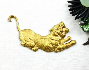 brass TIGER LION jewelry embellishment stamping. over 2 inches long. Great detail. Raw brass stamping made in US. (FF47).