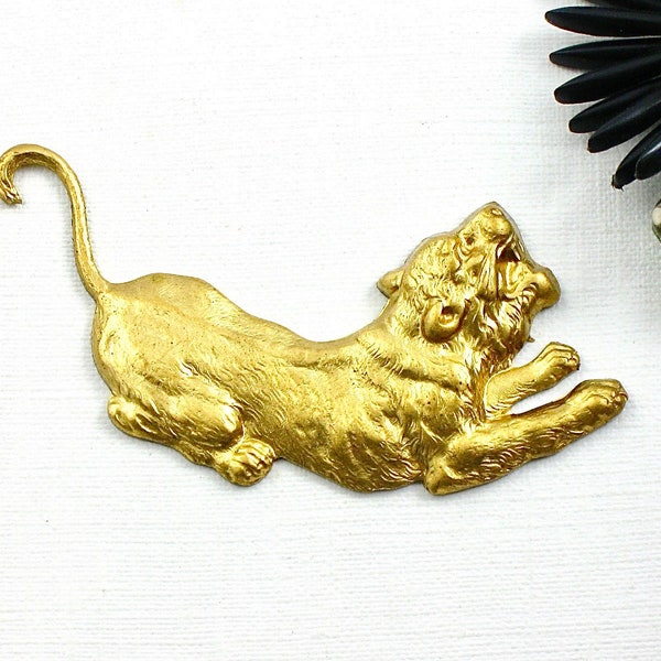 brass TIGER LION jewelry embellishment stamping. over 2 inches long. Great detail. Raw brass stamping made in US. (FF47).