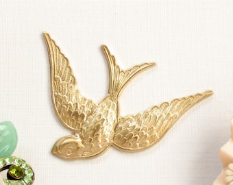 2 gold SPARROW bird jewelry embellishment. Raw brass stamping made in US. 42mm x 38mm (ST49b)