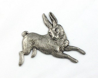 1 large running RABBIT silver jewelry embellishment. Stamping made in the US. 38mm x 49mm (FF3a)