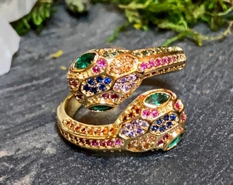 Gold Snake Ring with colorful rhinestone design. Adjustable band for US 7 or larger. Rainbow cubic zirconia trendy ring. (HP32)