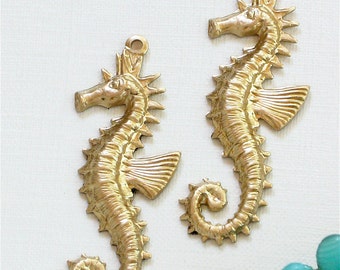 2 large gold SEA HORSE jewelry pendant. Raw brass stamping made in US. 40mm x 14mm (FF38)