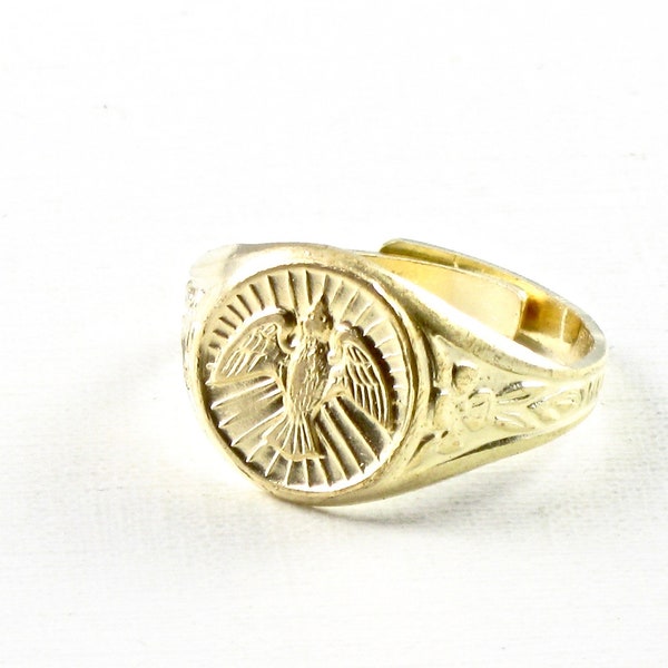 2 signet RING with Dove Bird in raw brass, adjustable. Religious. Peace. Holy Spirit. (ST404)