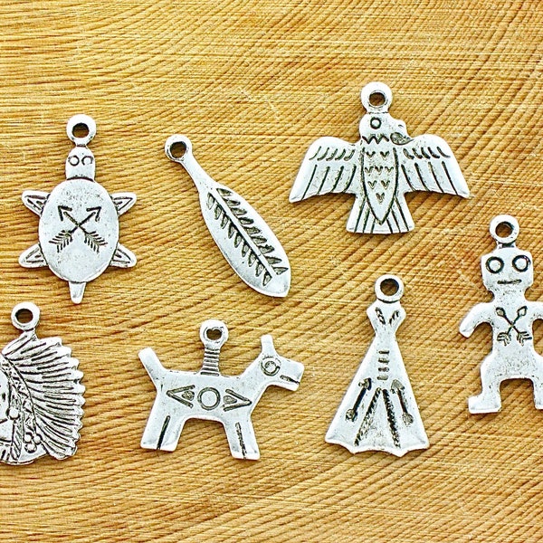 sterling silver plated Native American Indian jewelry charms. Turtle Feather Thunderbird Chief Horse Teepee Man. (S13)