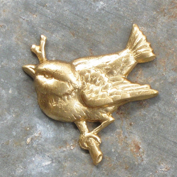 6 gold BIRD on BRANCH jewelry embellishment. Raw brass stamping made in US. 23mm x 22mm (FF28)