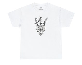 Blossoming Heart Cotton Tee- Black ink, white tee