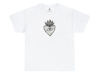 Cotton Tee-Flaming Heart with Eye, Black and White